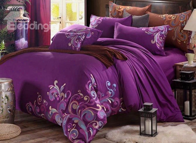 Superior Embroidery Purple 4-piece Ctoton Duvet Cover Sets