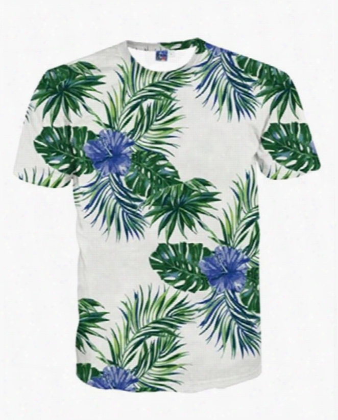 Vivid Round Neck Blue Flower And Leaves Pattern 3d Painted T-shirt