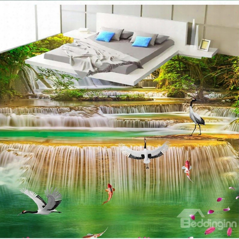 White Cranes Playing In The Stream Scenery Print Waterproof 3d Floor Murals