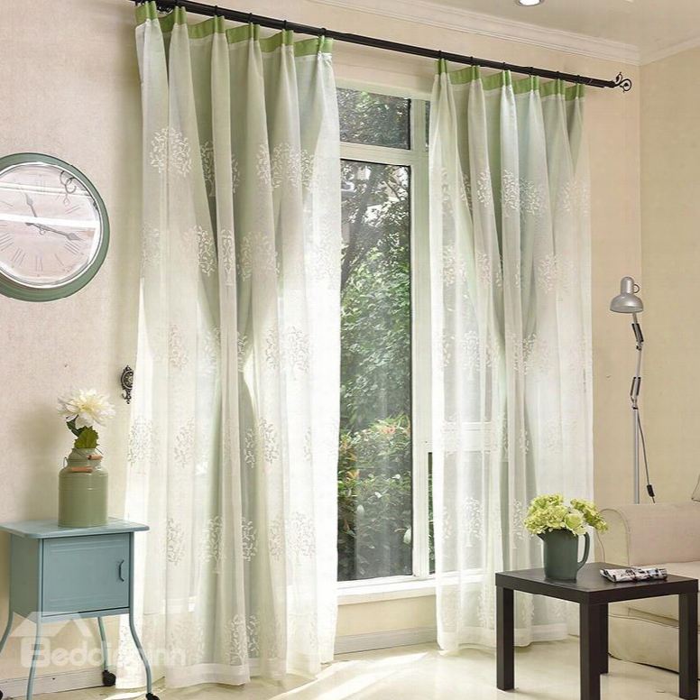 White Leaf Embroidered Sheer And Green Cloth Sewign Together Window Decoration Custom Curtain