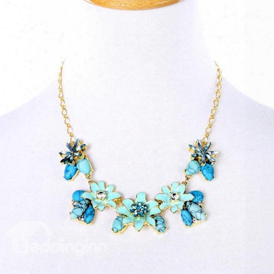 Women' S Natural Stone Diamante Floral Statement Necklace