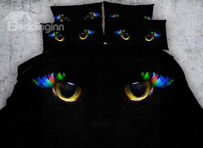 3d Astonishing Cat Eyes Printed Cotton 4-piece Black Bedding Sets/duvet Covers