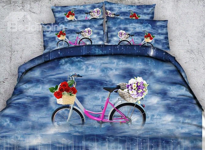 3d Bicycle With Basket Of Colorful Flowers Printed Cotton 4-piece Blue Bedding Sets