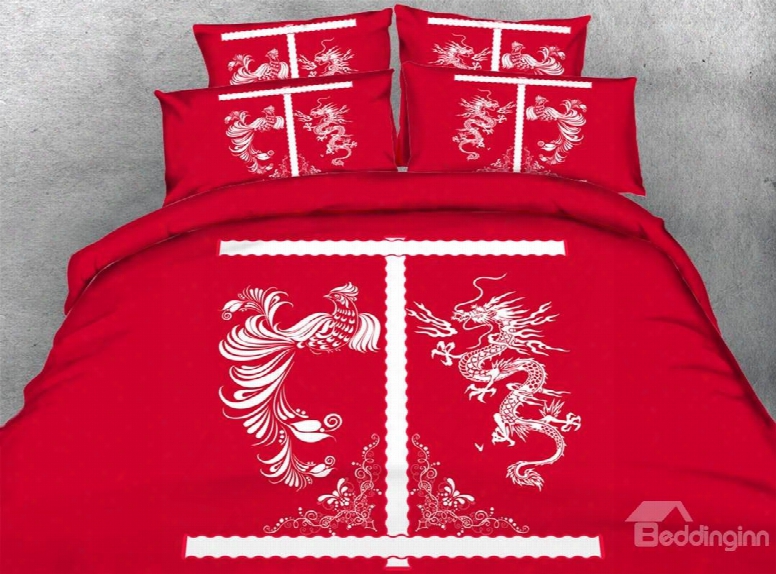 3d Chinese Dragon And Phoenix Printed Cotton 4-piece Red Bedding Sets/duvet Covers