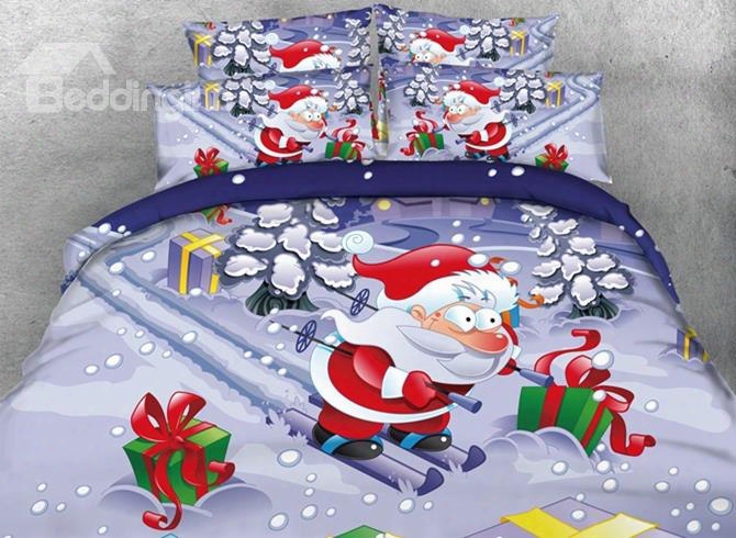3d Christmas Santa Claus On Skis Printed Cotton 4-piece Bedding Sets/duvet Covers