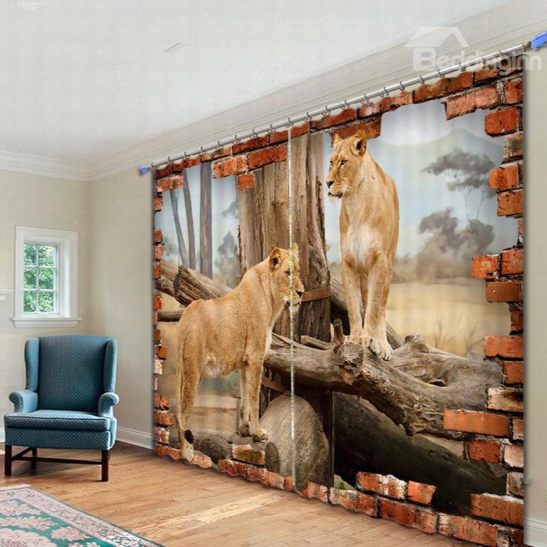 3d Couple Lions Standing On The Wood Printed Animal Style Polyester Custom Curtain