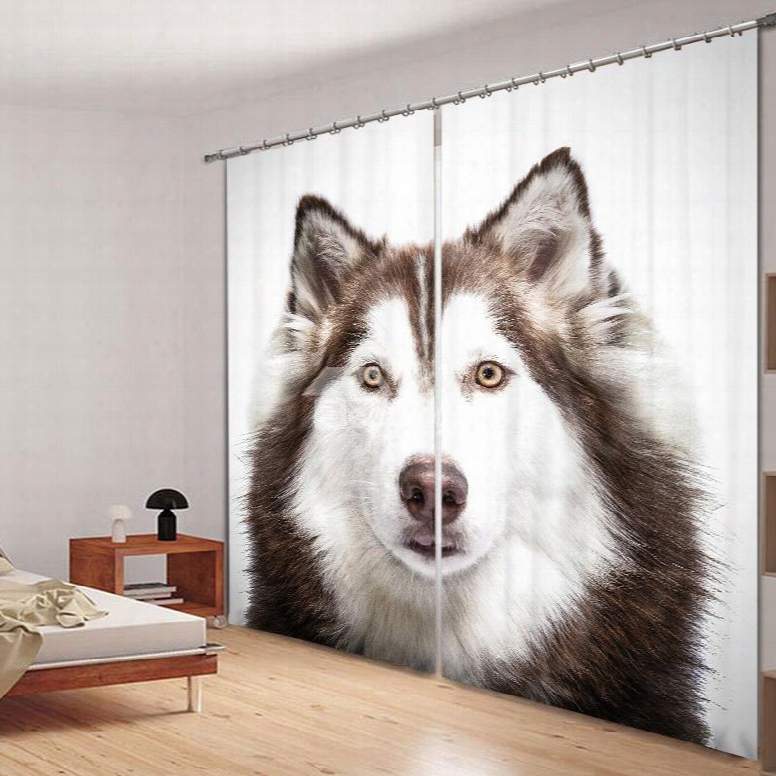 3d Cute Little Husky Printed Thick Polyester 2 Panels Window Decorative And Shading Curtain