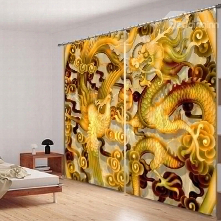 3d Dragon And Phoenix Printed Chinese Style 2 Pieces Bedroom Shading Curtain