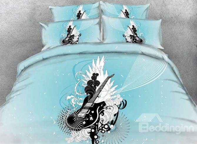 3d Guitar Printed Cotton 4-piece Blue Bedding Sets/duvet Covers