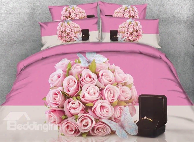 3d Pink Roses And Ring Printed Cotton 4-piece Bedding Sets/duvet Covers