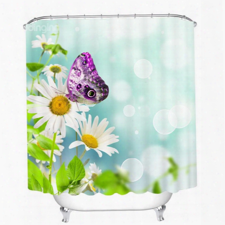 3d Purple Butterfly On White Daisies Printed Polyester Shower Curtain