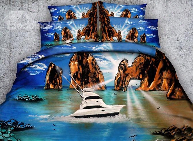 3d Sea View And Yacht Printde Cotton 4-piece Ebdding Sets/duvet Covers