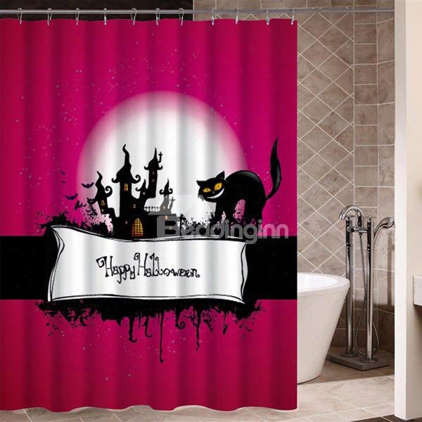 A Black Cat And Somber Castle Printing Halloween Theme 3d Shower Curtain