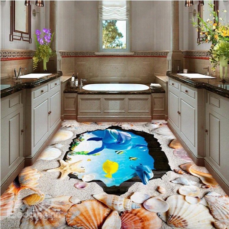 Astonishing Dolphins And Seashells Print Waterproof Splicing 3d Floor Murals