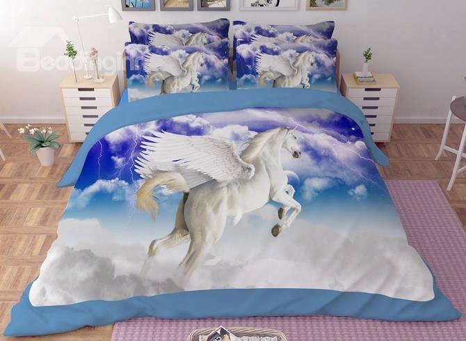 Amazing Lifelike Flying Unicorn Print 4-piece Polyester Duvet Cover Sets