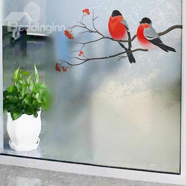 Amazing Red Birds And Branch Pattern Glass D Ecoration Wall Stickers