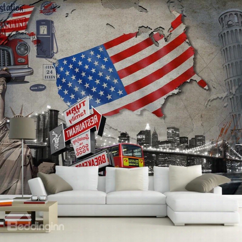 American Stars And Stripes Pattern City Scenery Decoration Waterproof 3d Wall Murals