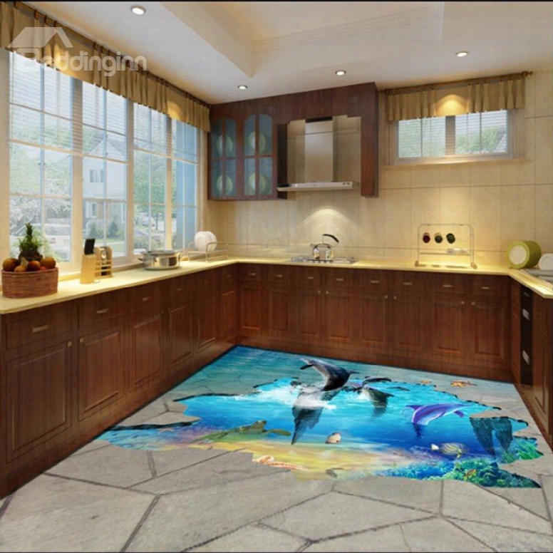 Amusing Jumping Dolphins In Broken Floor Pattern Waterproof 3d Floor Murals