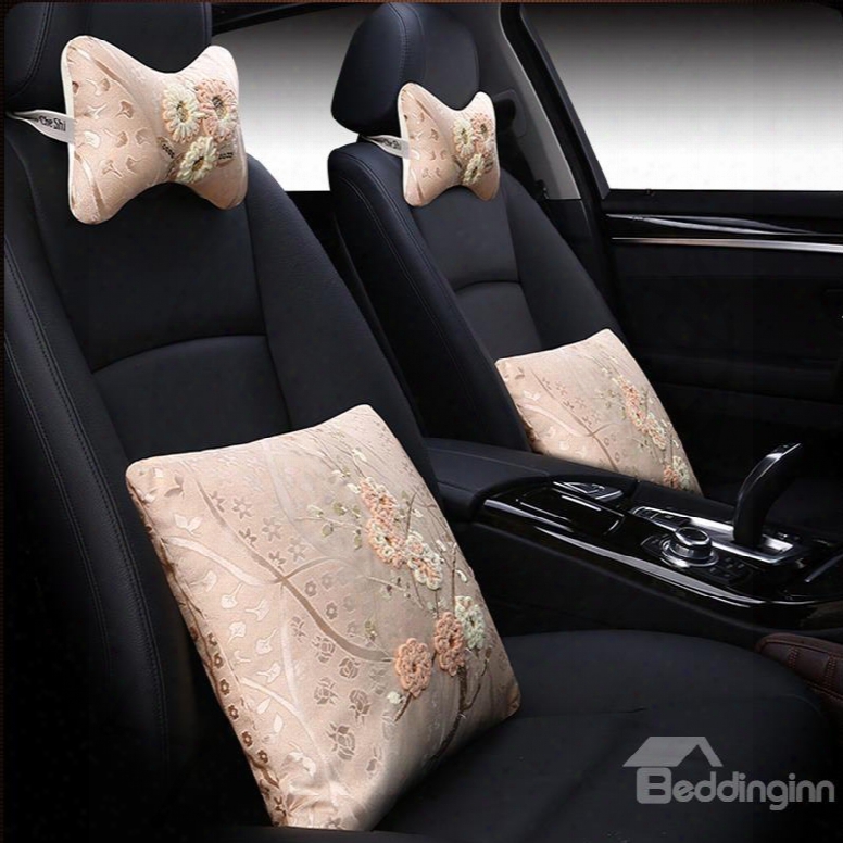 Beautiful Floral Flower Pattern Embroidery Craft Design 1-pair Headrest And 1-pair Lumbar Car Pillow