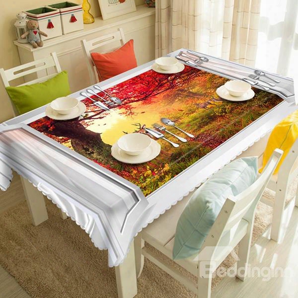 Beautiful Polyester Red Forest Curtain Ppattern 3d Tablecloth