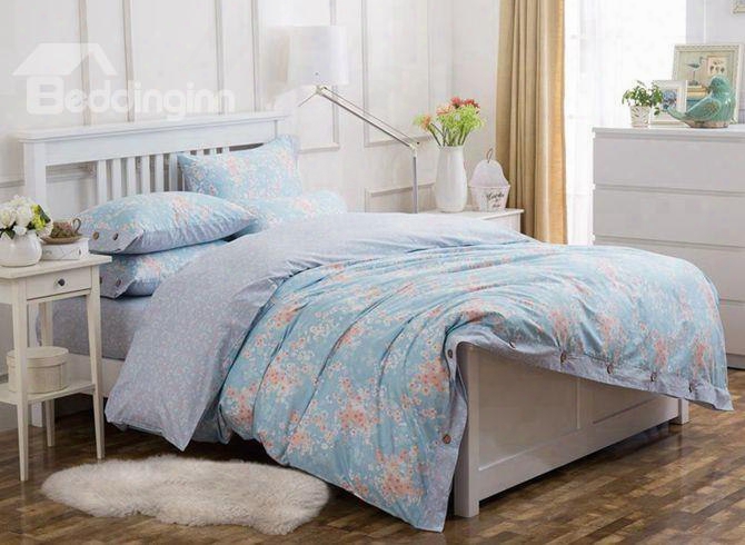 Beautiful Summer Floral Print Blue 4-piece Cotton Duvet Cover Sets