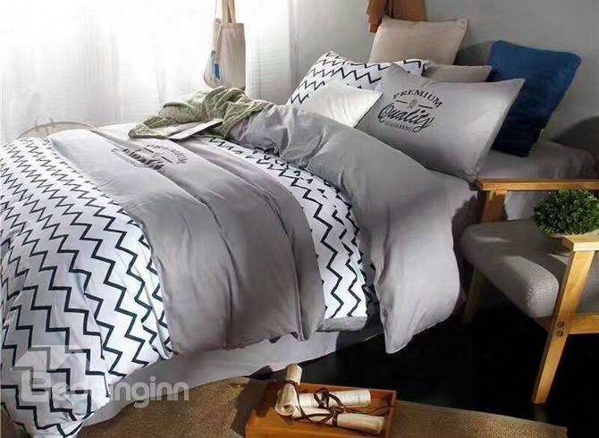 Black Wavepattern Simple Style Printed Cotton 4-piece Bedding Sets/duvet Cover