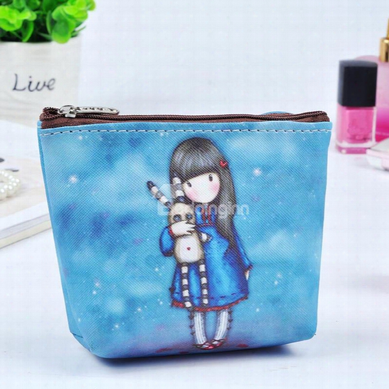 Blue Cartoon Girl Painting Women Makeup Bag Coin Wallet Purse