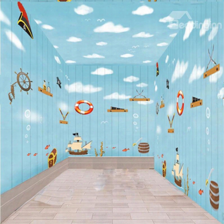 Blue Cartoon Mediterranean Style Boats And Clouds Pattern Combinedw Aterproof 3d Ceiling And Wall Murals