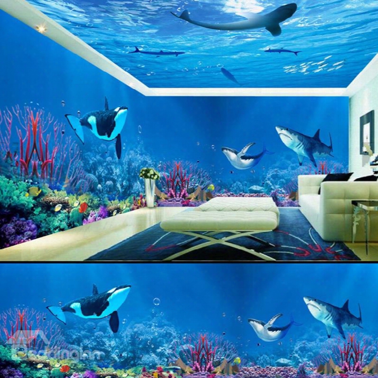 Blue Dolphins And Sharks In The Sea Pattern Combined Waterproof 3d Ceiling And Wall Murals