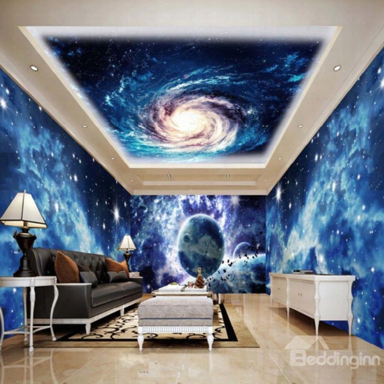 Blue Dreamy Starry Sky And Nebula Pattern Combined Waterproof 3d Ceiling And Wall Murals