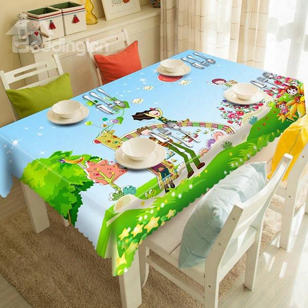 Blue Polyester Cartoon Natural Scenery Pattern 3d Tablecloth