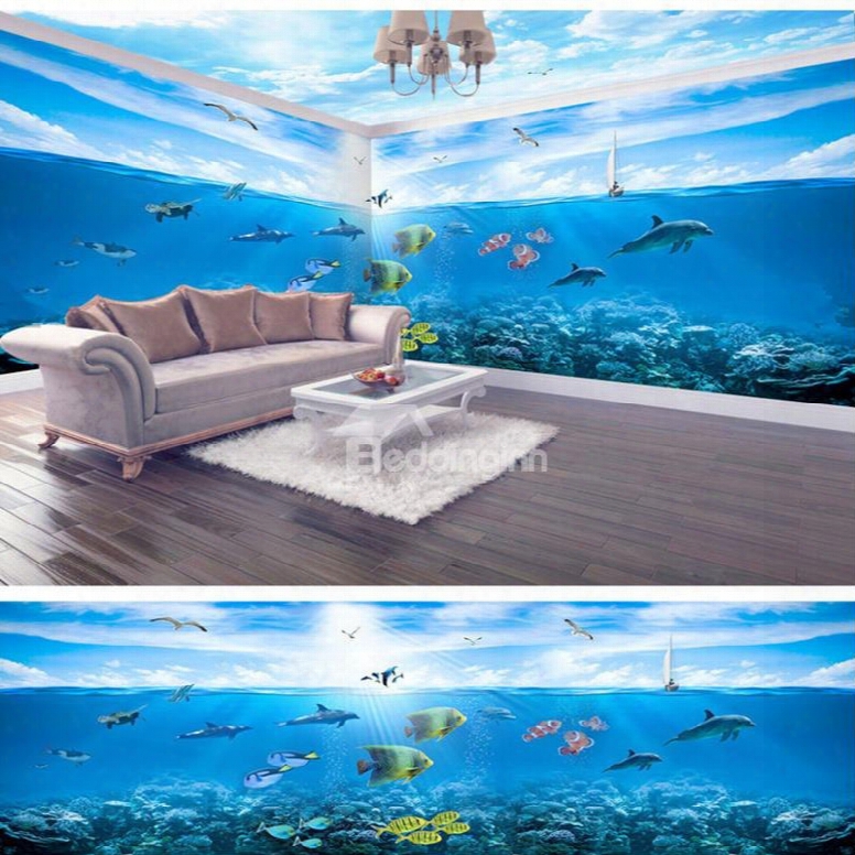Blue Seaside Scenery And Sky Pattern Awterproof Combined 3d Ceiling And Wall Murals