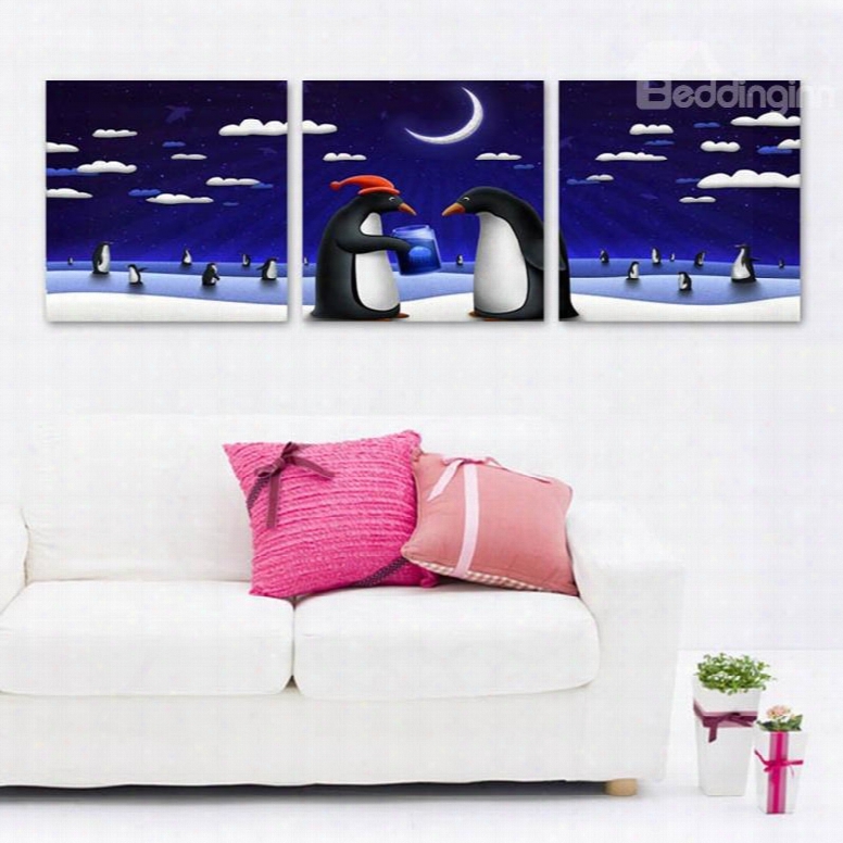 Blue Two Lovely Penguin Pattern Design 3 Panels Framed Wall Art Prints