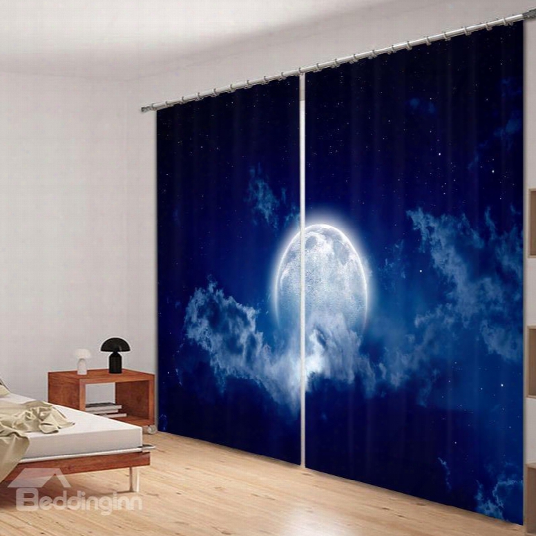 Bright Moon In The Dark Blue Sky 3d Printed Curtain