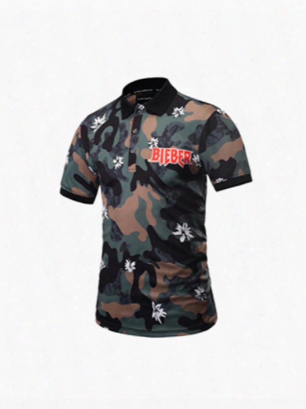 Camouflage With Withe Flower And Letters Polyester Short Sleeves Men's 3d T-shirts