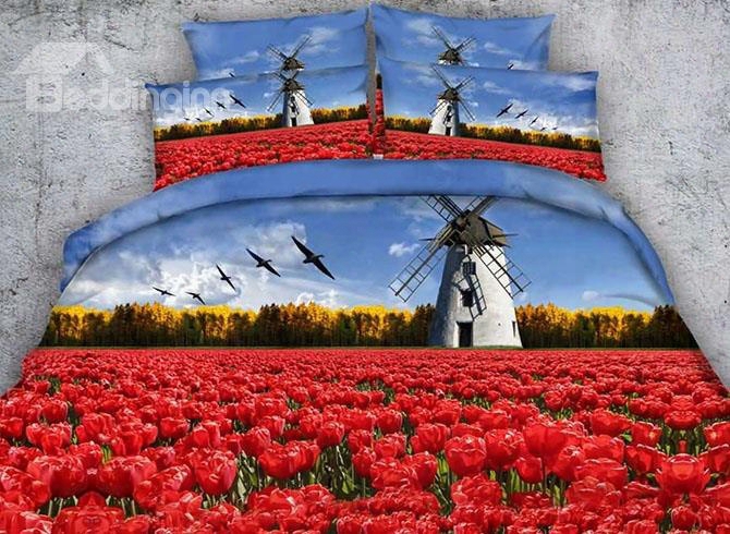 Charming Red Tulip And Windmill Printed 4-piece Duvet Cover Sets