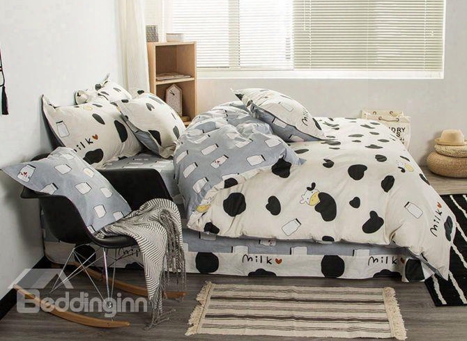 Chic Milk And Cow Printed Cotton 4-piece Bedding Sets/duvet Cover