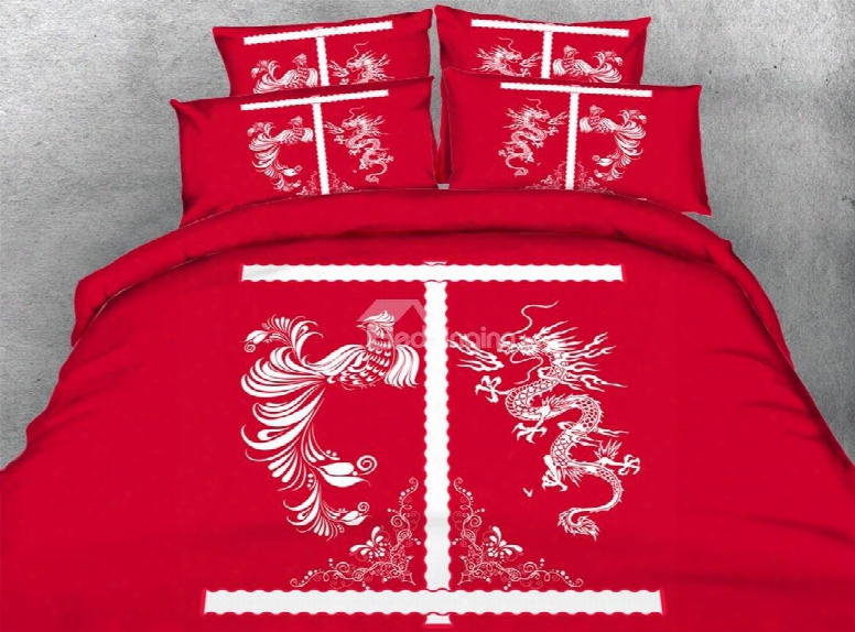 Chinese Ragon And Phoenix Print Red 5-piece Comforter Sets