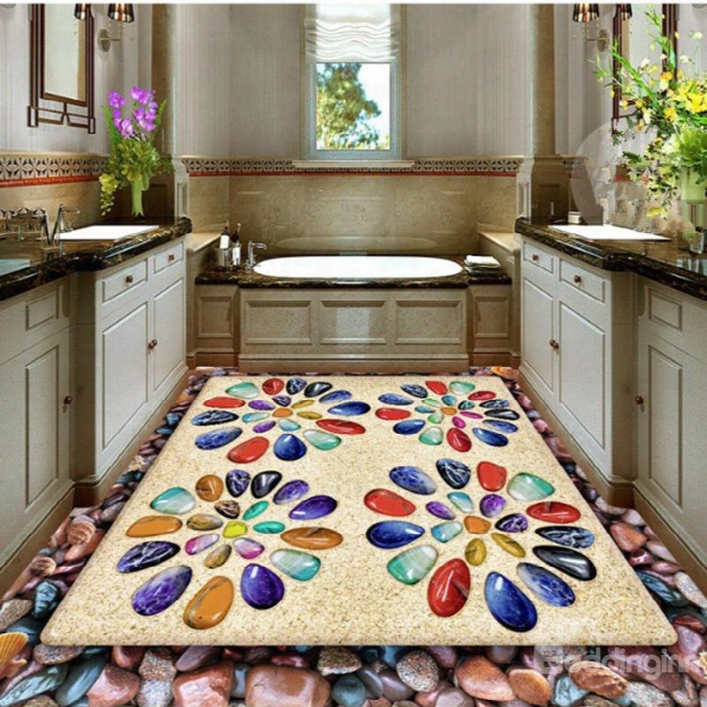 Colorful Pebbles Flower Pattern Decorative Waterproof Splicing 3d Floor Murals