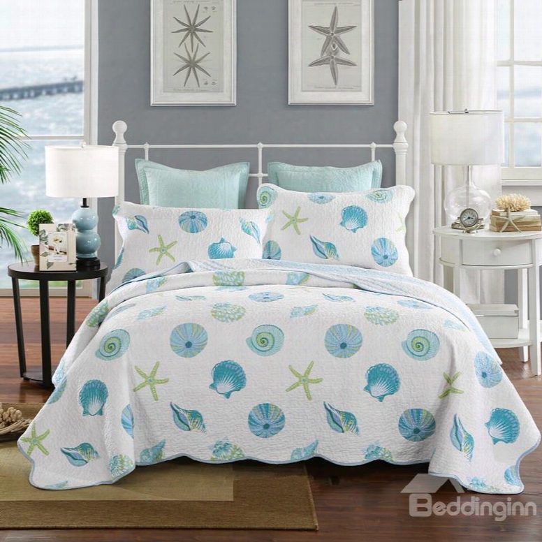 Conch And Starfish Print Hite Cotton 3-piece Bed In A  Bag