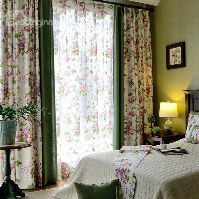 Country Style Pink Peony Printing Stitching Cloth Custom Curtain