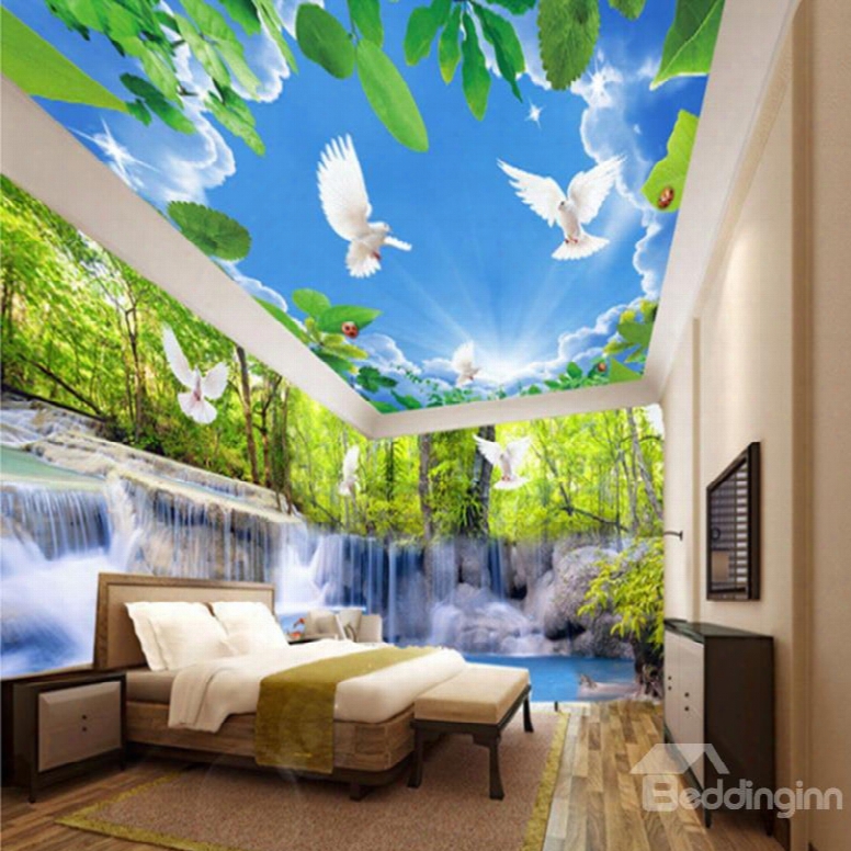Creative Waterfall In The Forest And Blue Sky Pattern Combined 3d Ceiling And Wall Murals