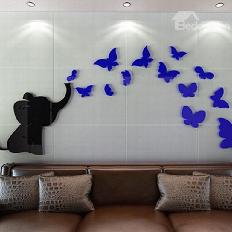 Cut Acrylic Elephant And Butterfly Pattern Decorative 3d Wall Stickers
