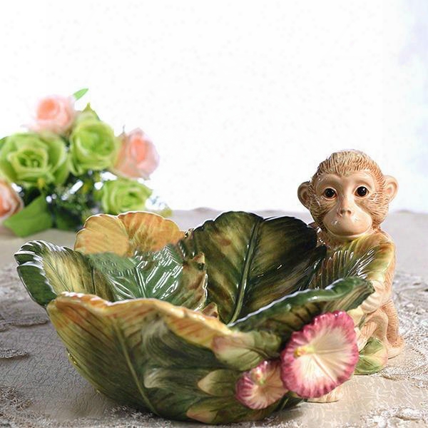 Cute Ceramic Monkey Pattern Fruit Plate Painted Pottery