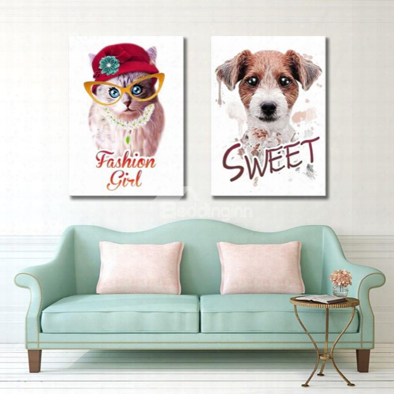 Cute Fashion Cat And Sweet Dog Pattern Framed Canvas Wall Art Prints