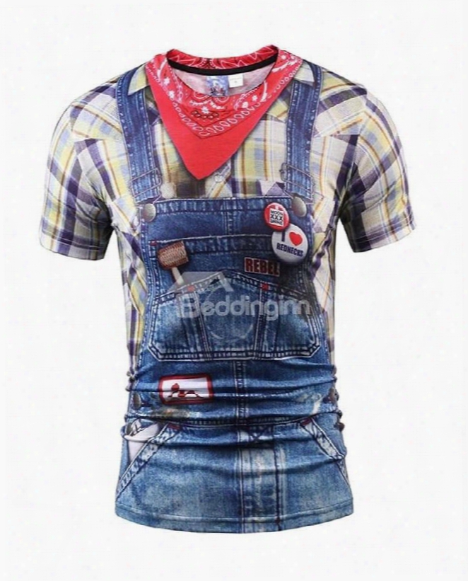 Cute Round Neck Overalls And Shirt Pattern 3d Painted T-shirt