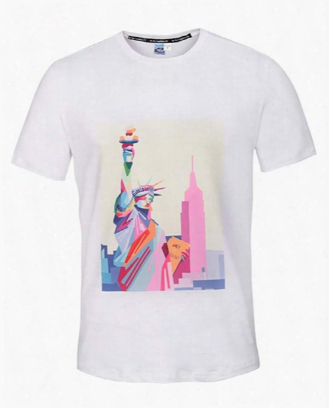 Cute Round Neck Statue Of Liberty Pattern White 3d Painted T-shirt