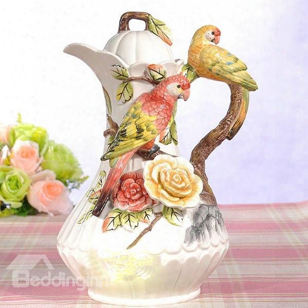 Delicate Ceramic Parrot Pattern Coffee Pot Painted Pottery