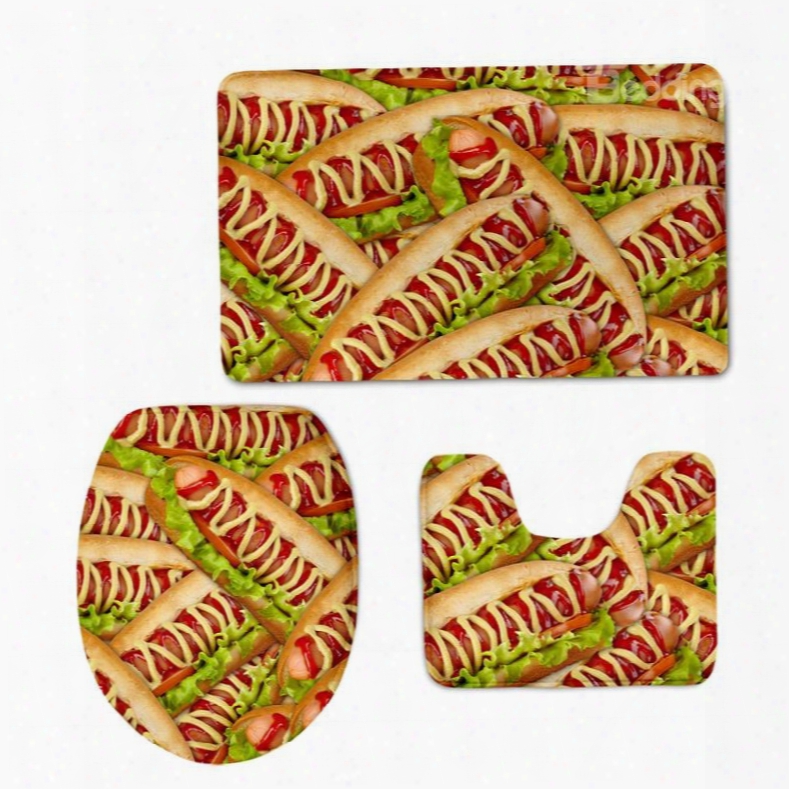 Delicious Hot Dog Printed 3-pieces 3d Toilet Seat Cover Sets