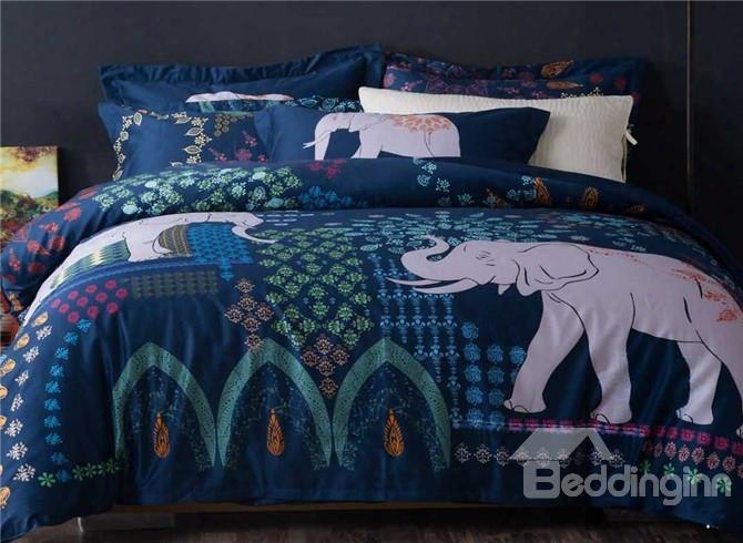 Drsigner 60s Brocade Pretty Exotic Elephants Printed Dark Blue 4-piece Cotton Bedding Sets